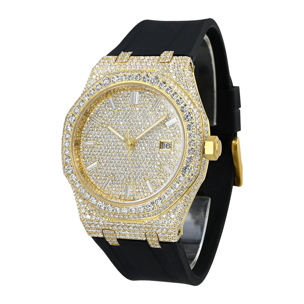 Gold Iced-Out Octagon Luxury Watch — Silicone Strap | VVS1 Moissanite
