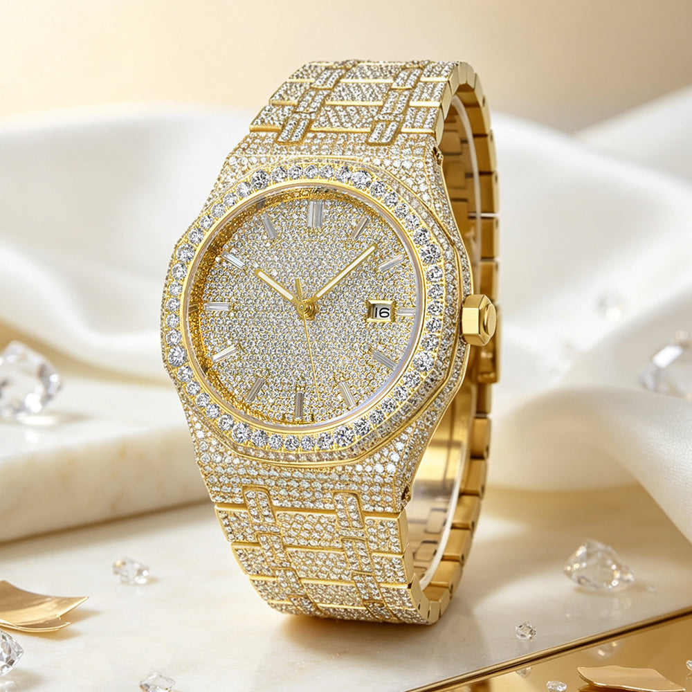 Gold Iced-Out Octagon Luxury Watch — Roman Dial | VVS1 Moissanite