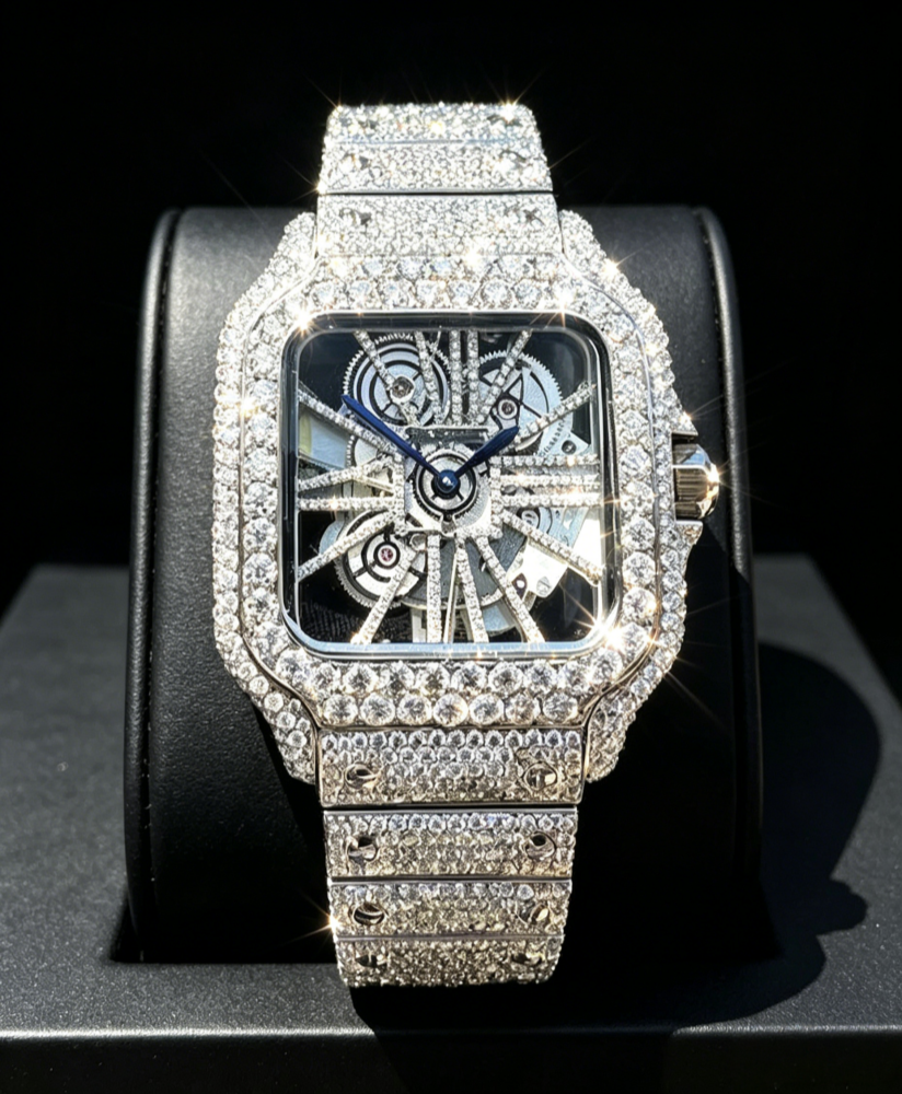 Silver Iced-Out Skeleton Luxury Watch — VVS1 Moissanite
