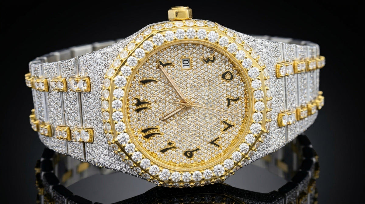 Gold Iced-Out Octagon Luxury Watch — Arabic Dial | VVS1 Moissanite