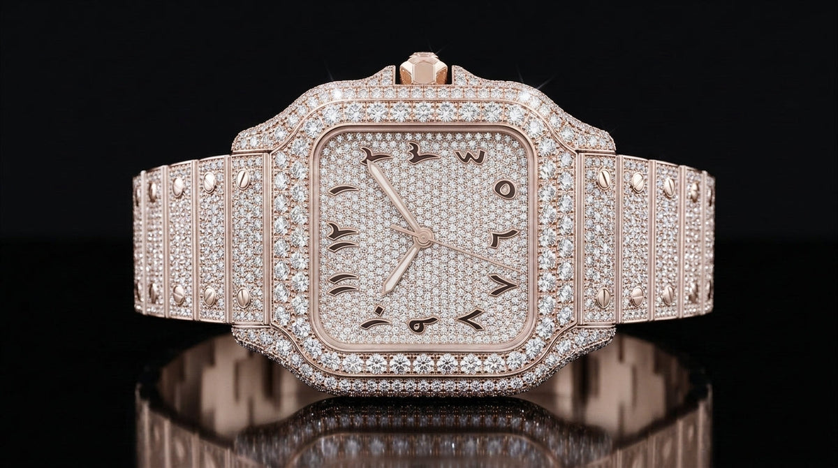 Rose Gold Iced-Out Roman Numeral Luxury Watch — VVS1 Moissanite