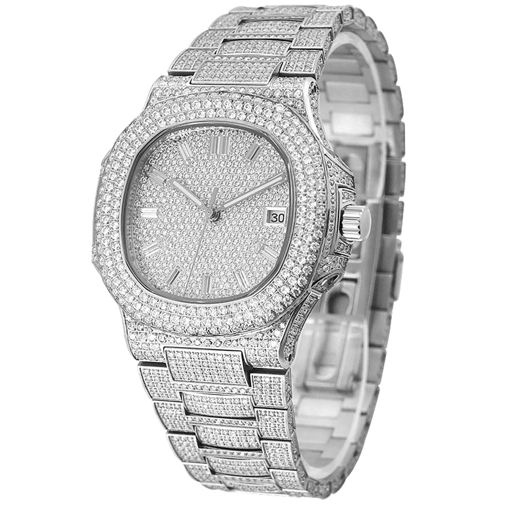 Silver Iced-Out Luxury Sport Watch — VVS1 Moissanite