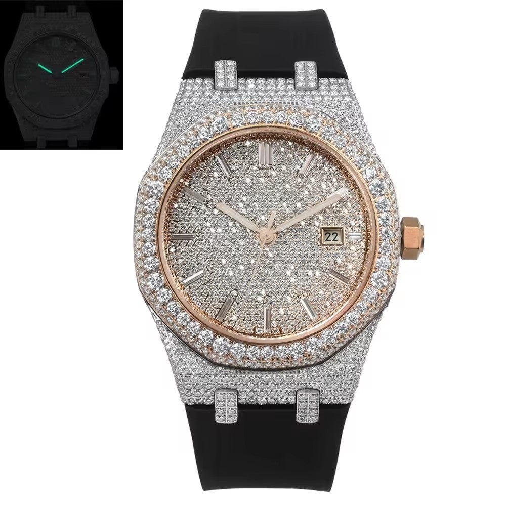 Rose Gold Iced-Out Octagon Luxury Watch — Silicone Strap | VVS1 Moissanite