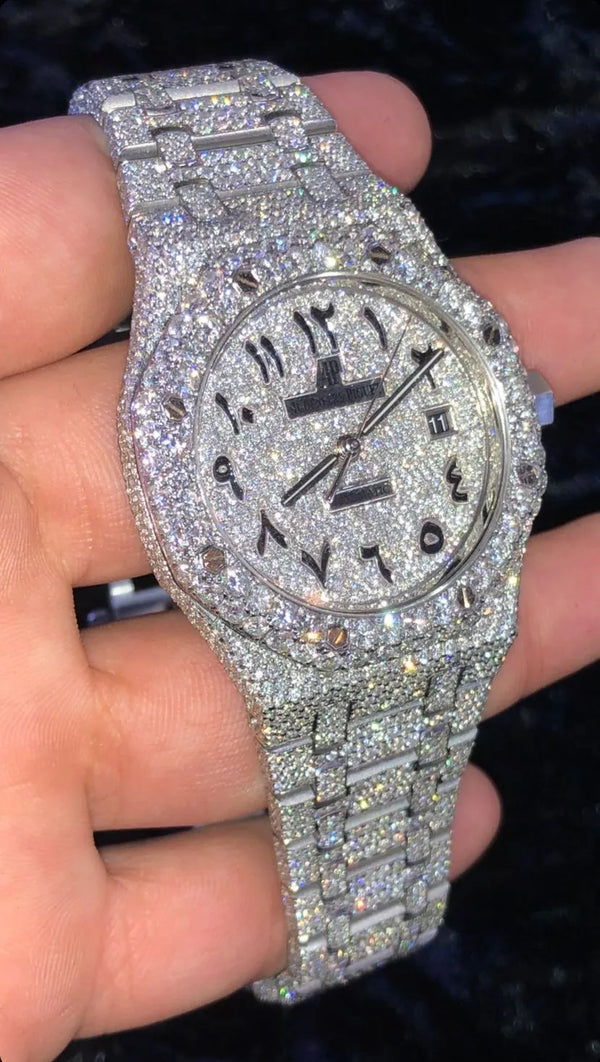 Silver Iced-Out Octagon Luxury Watch — Arabic Dial | VVS1 Moissanite