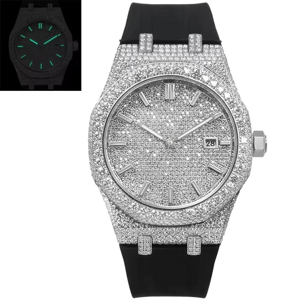 Silver Iced-Out Octagon Luxury Watch — Silicone Strap | VVS1 Moissanite